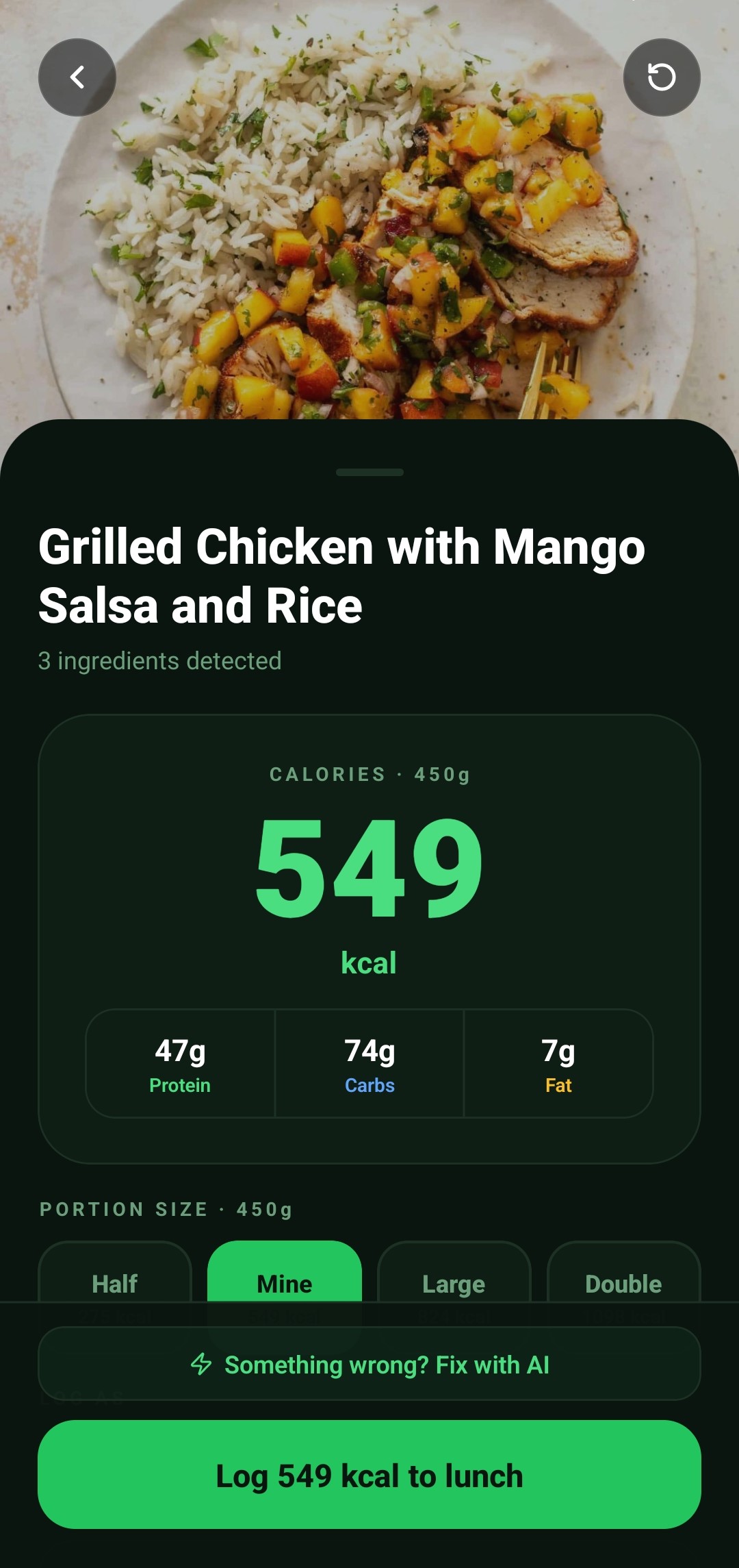 Calviq scan result showing Caprese Salad nutrition