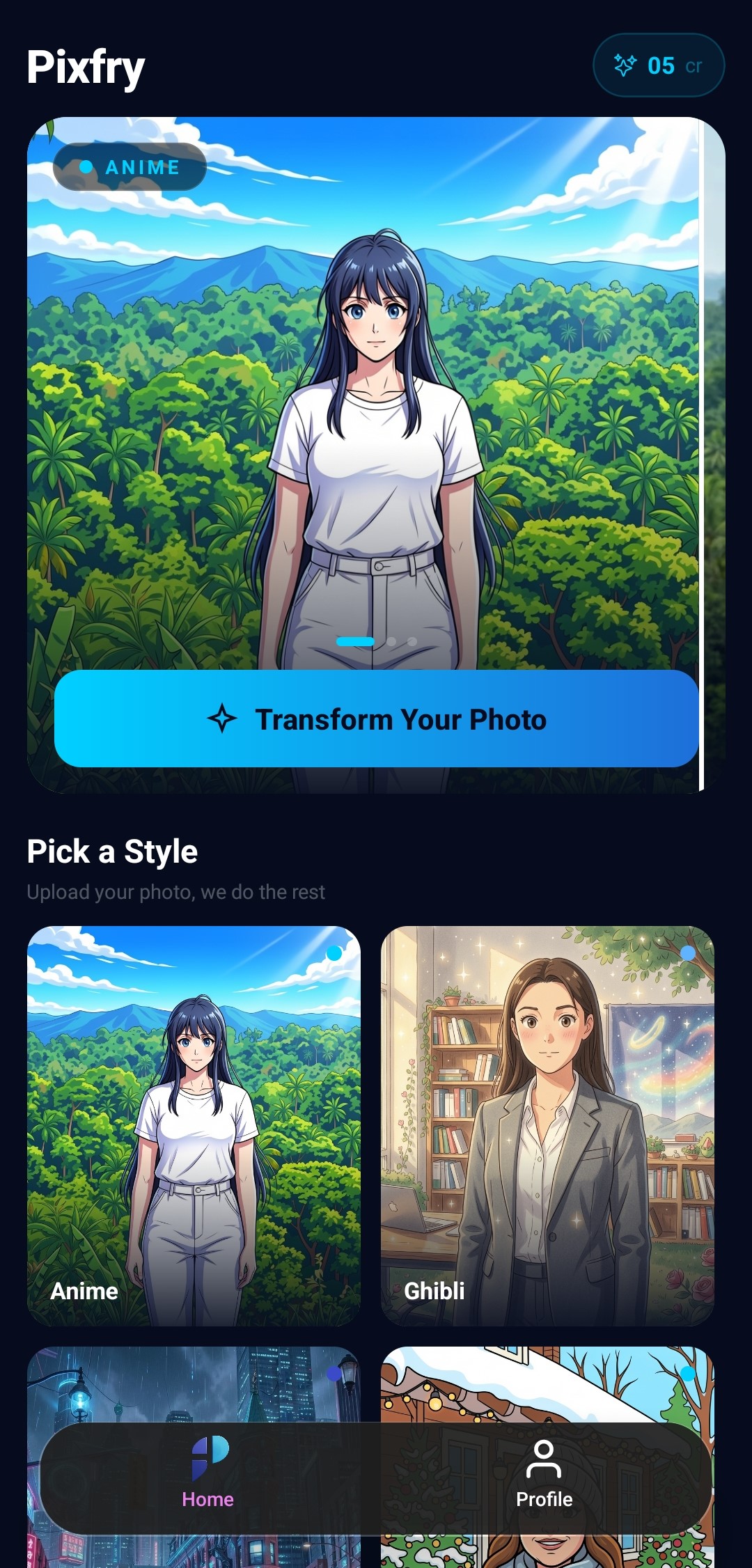 Pixfry AI photo filter — anime style transform